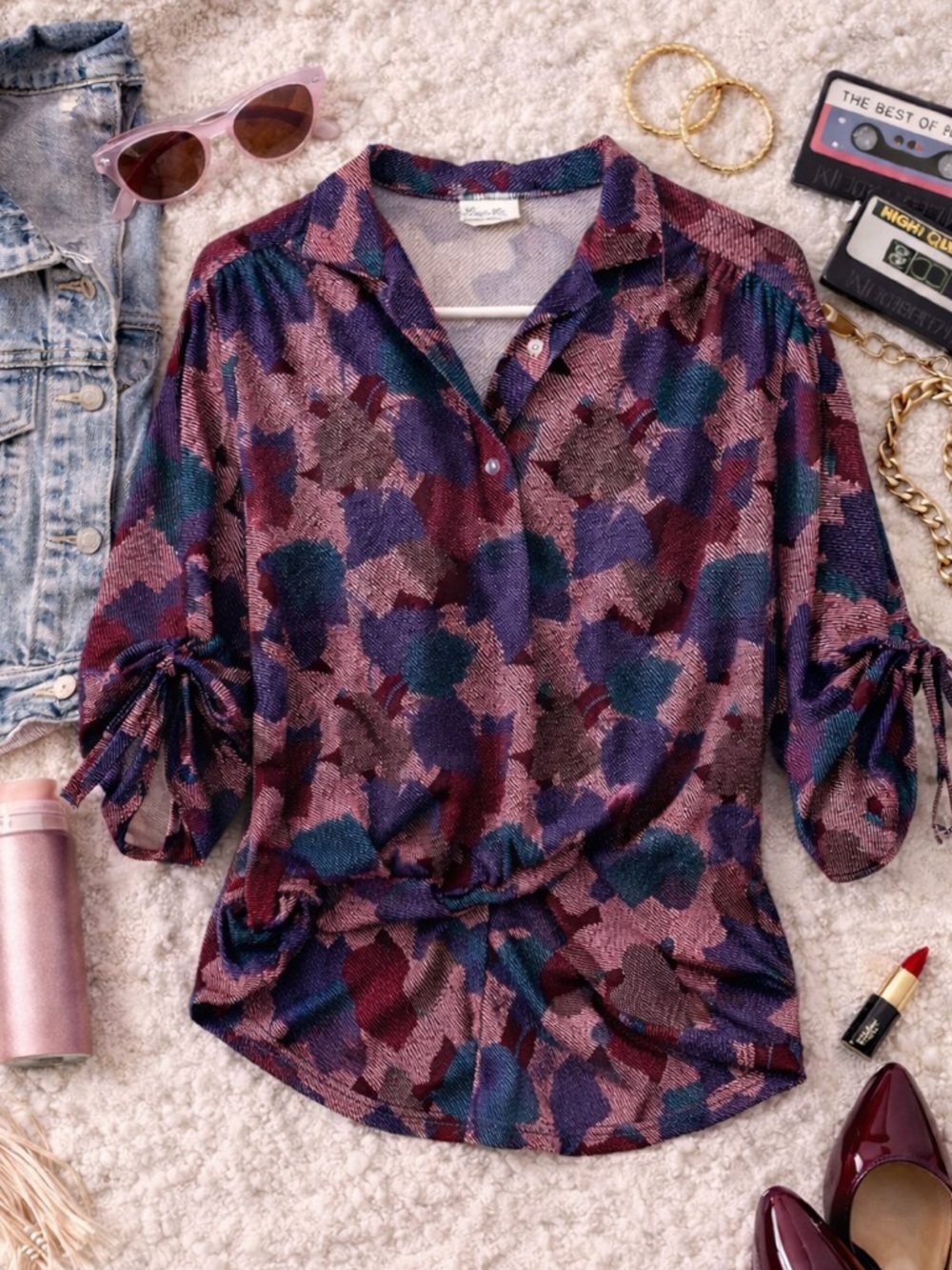 Vintage 1980’s 80’s Blue Purple Buttoned Blouse Cuffed Sleeves Collar EUC